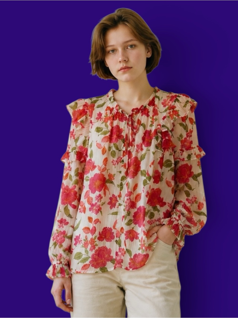 Floral Ruffle Long-Sleeve Blouse - Pink/Green